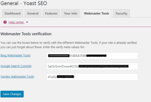 verify ownership with different webmasters like google, bing and yandex in seo by yoast